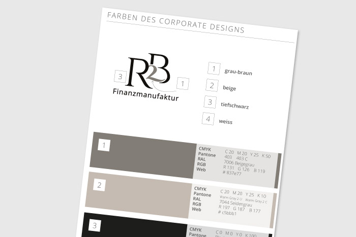 Corporate Design Farben der R2B Finanzmanufaktur